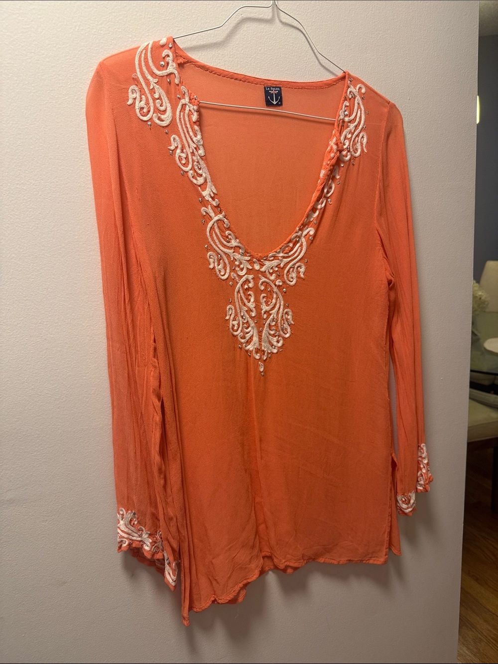 Ornate V-Neck Orange Swim Coverup with White Embroidery